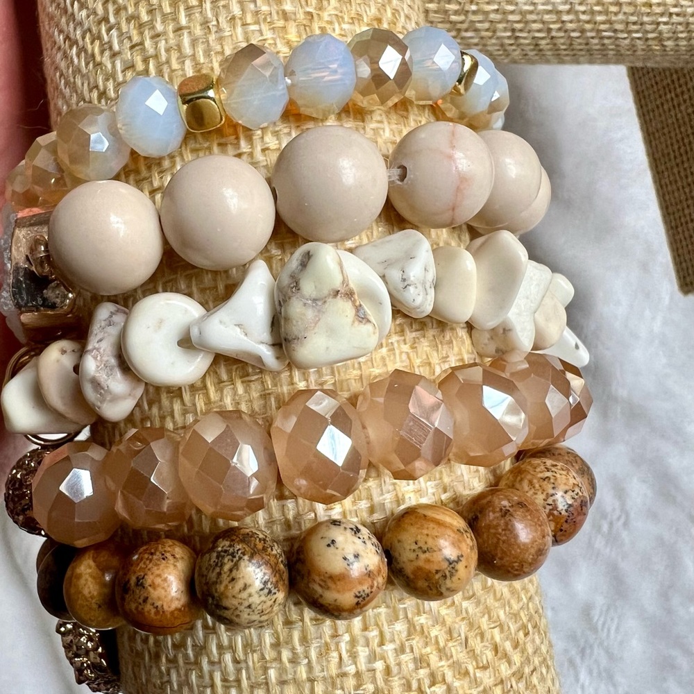 5 Bracelet Stack! Brecciated Jasper Druzy Solar Agate Mala Bead Set - Picture 6 of 6